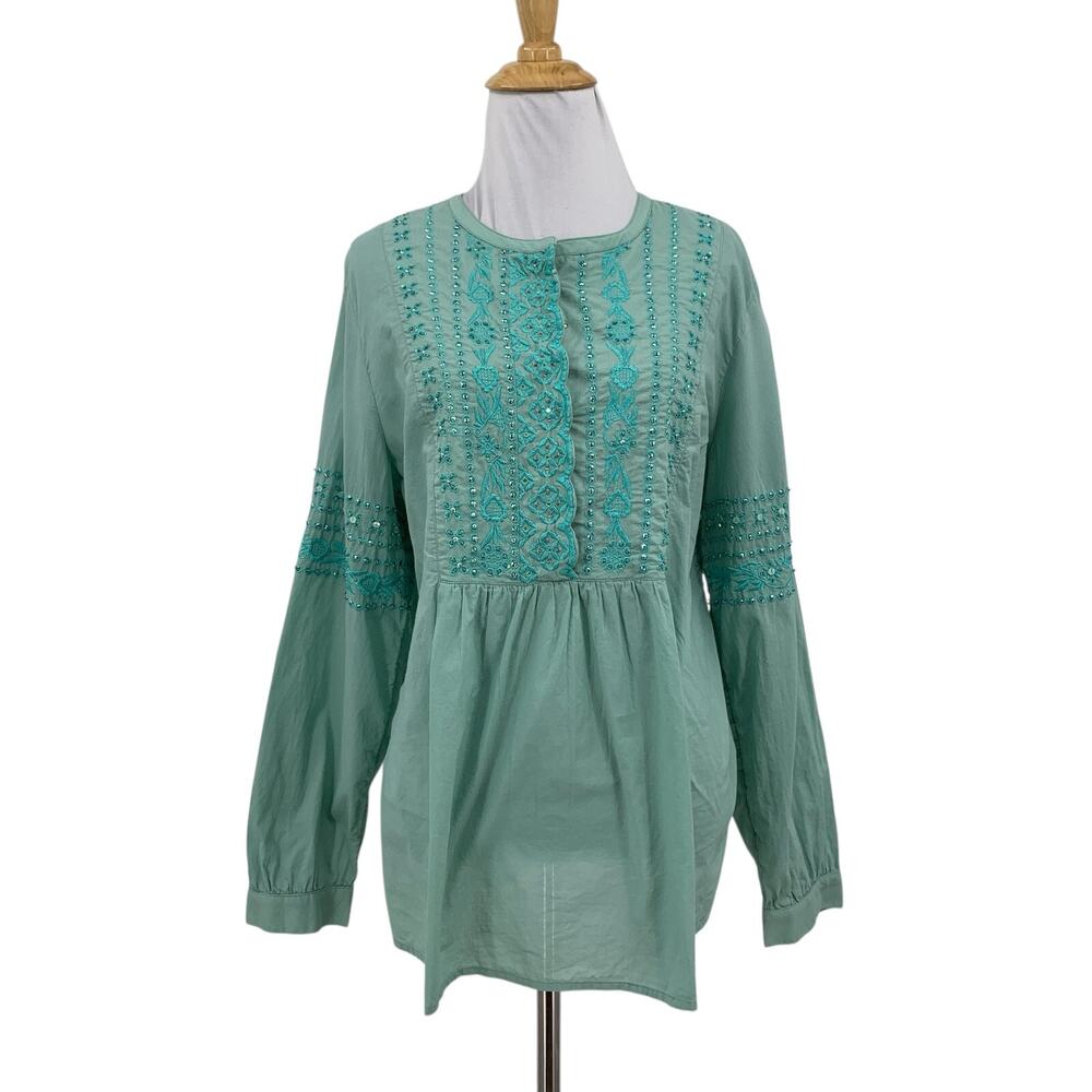 Soft Surroundings Top Womens L Large Green Beaded Embroidered Bib Blouse *READ